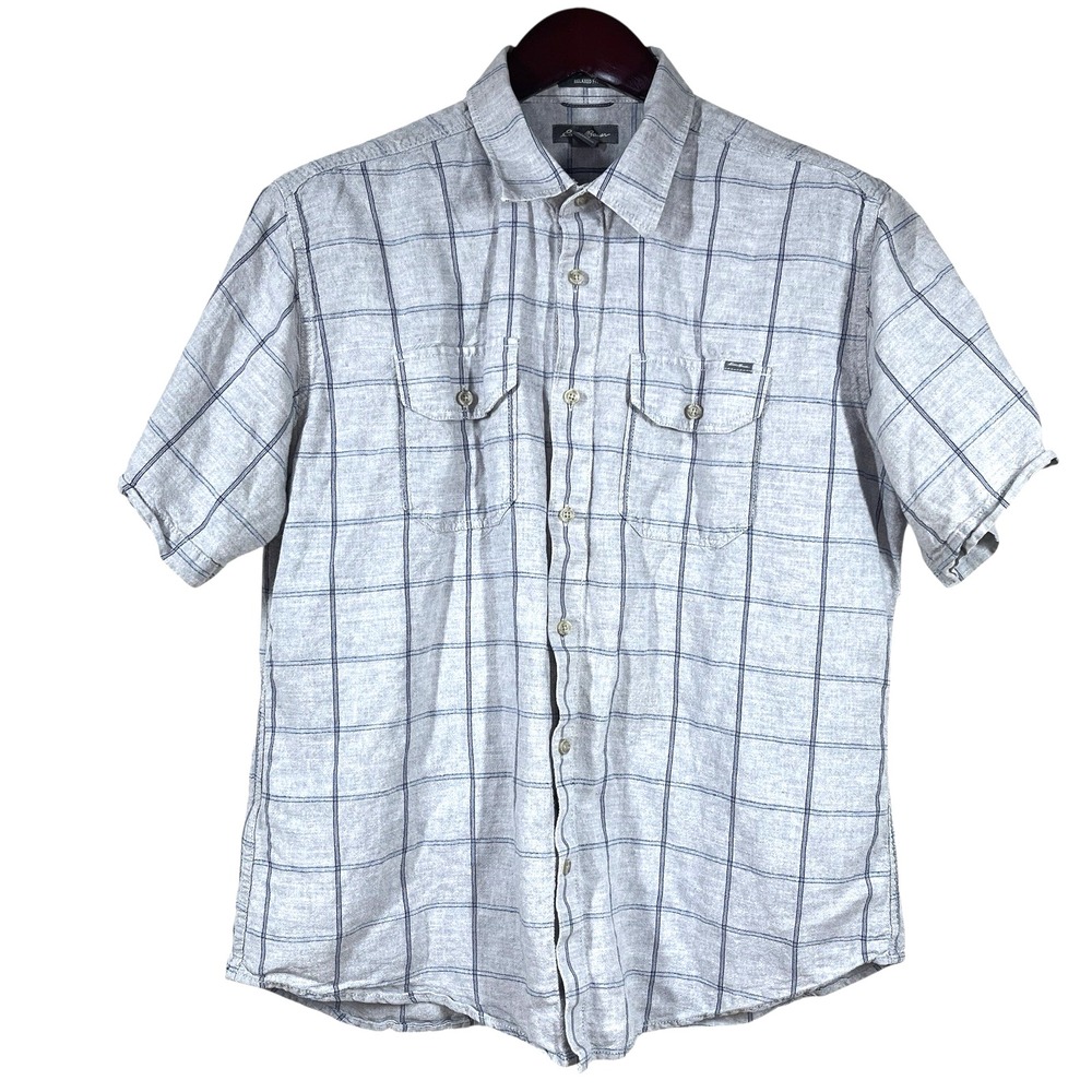 Eddie Bauer Linen Blend Shirt Mens L Gray Plaid Short Sleeve Casual Button Up